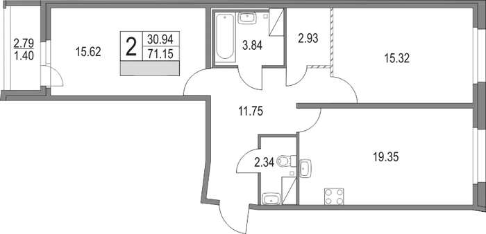 2-комнатная квартира 72.55 м², 12/16 эт., ЖК «Приморский квартал»